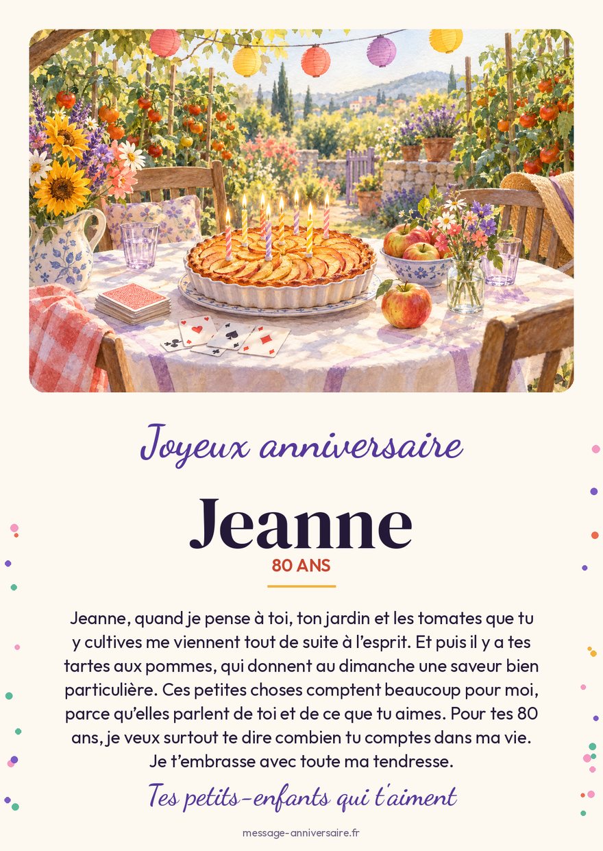 La carte illustrée de Jeanne en entier : son jardin en aquarelle, son prénom, ses 80 ans et son texte